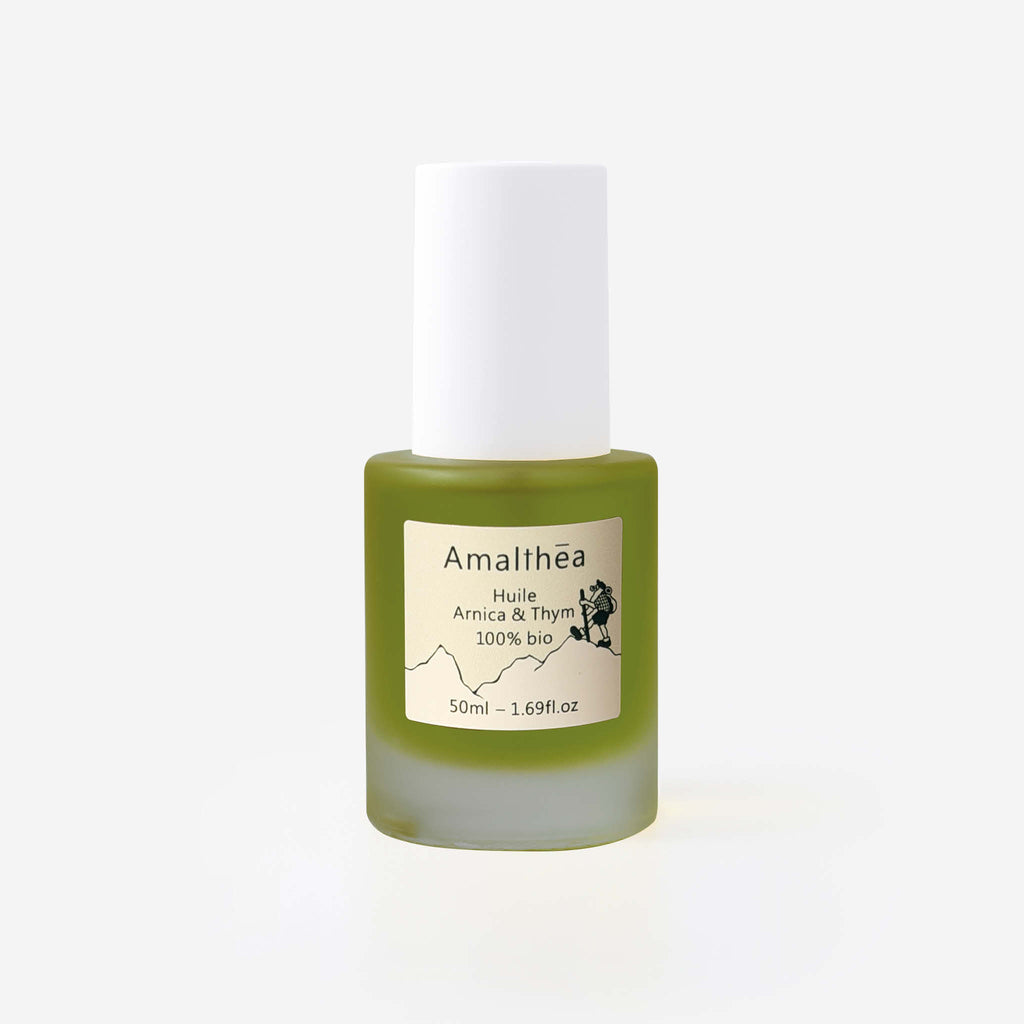 Huile Arnica & Thym | 100% bio | Uniquement des ingrédients français | Huile réparatrice muscles et tendons pour les grimpeurs et grimpeuses | Amalthea & Au Vieux Campeur | Collection Ourea