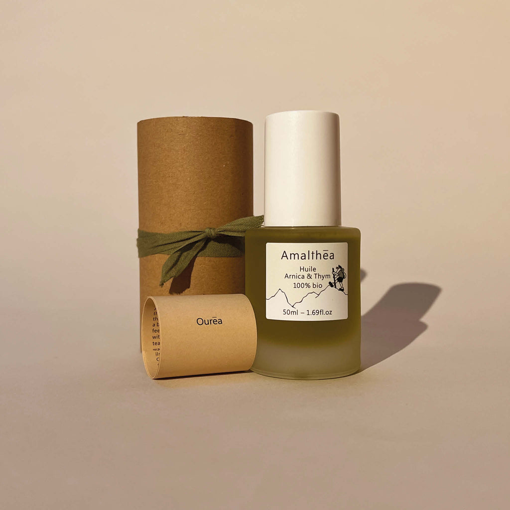 Huile Arnica & Thym | 100% bio | Uniquement des ingrédients français | Huile réparatrice muscles et tendons pour les grimpeurs et grimpeuses | Amalthea & Au Vieux Campeur | Collection Ourea